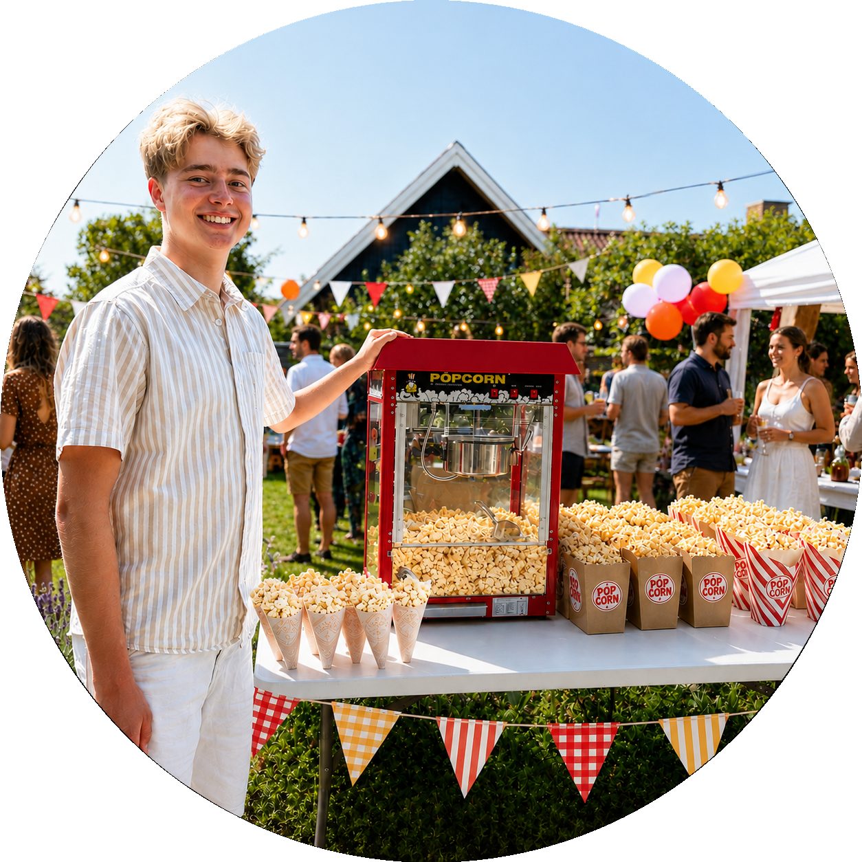 Ung mand ved rød popcornmaskine til havefest, klar til udlejning